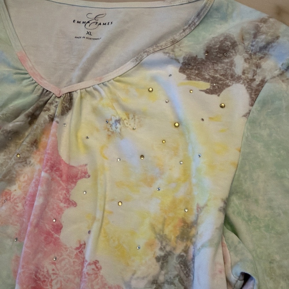 Emma James Women's 3/4 Sleeve Shirt Size XL Watercolor Floral Rhinestones Green - Picture 2 of 6